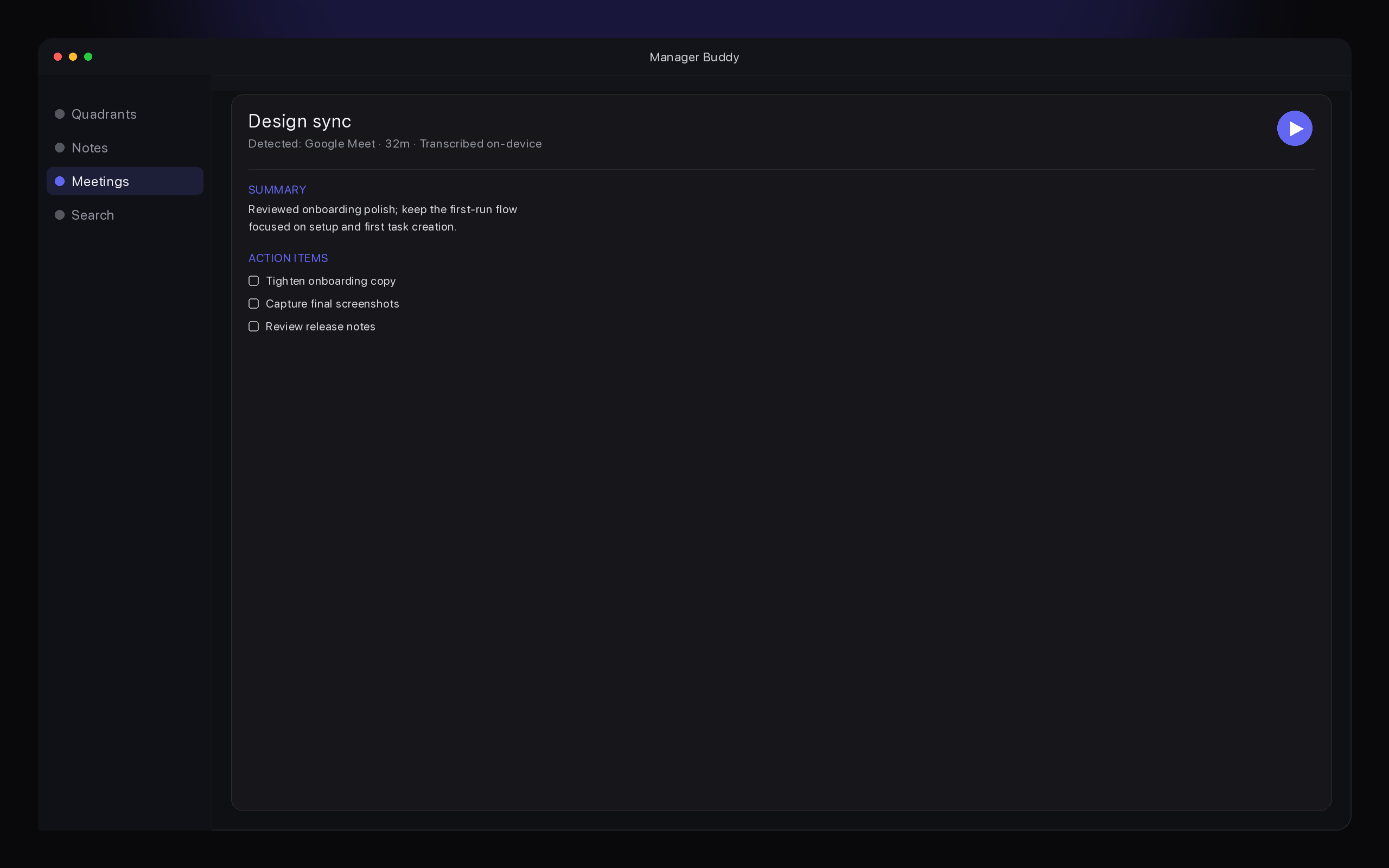 Manager Buddy meeting recap on macOS with a summary and checklist of action items