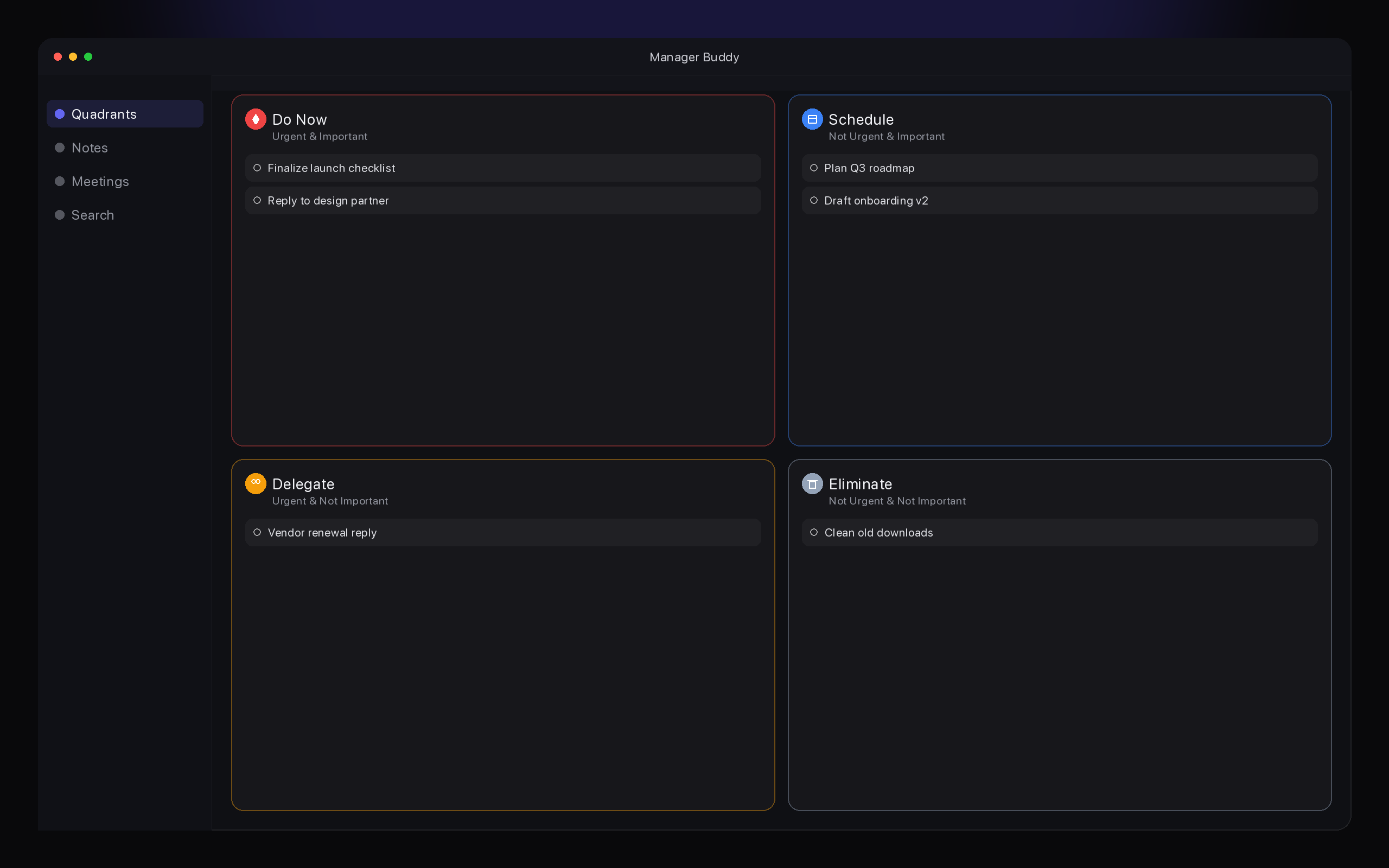 Manager Buddy quadrant board running on macOS