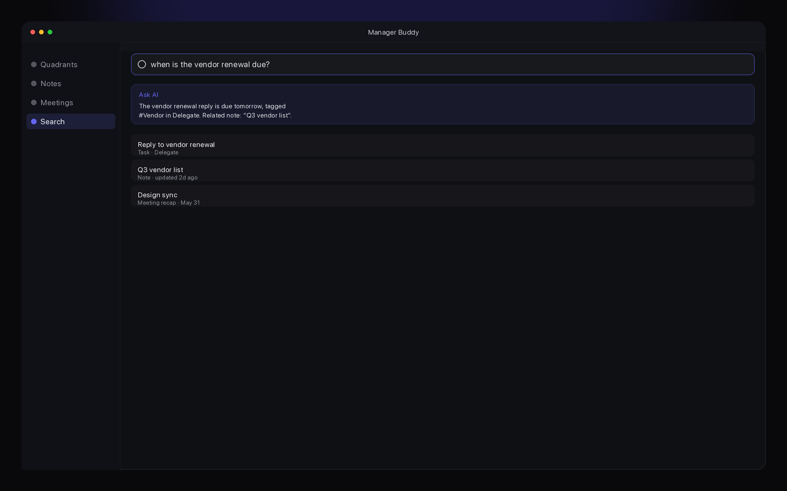 Manager Buddy AI search on macOS across tasks, notes, and meeting recaps