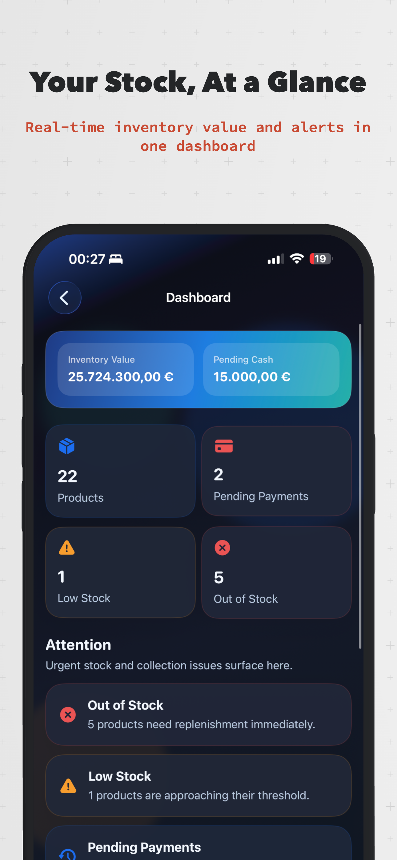 Simpentory dashboard with inventory value and stock alerts