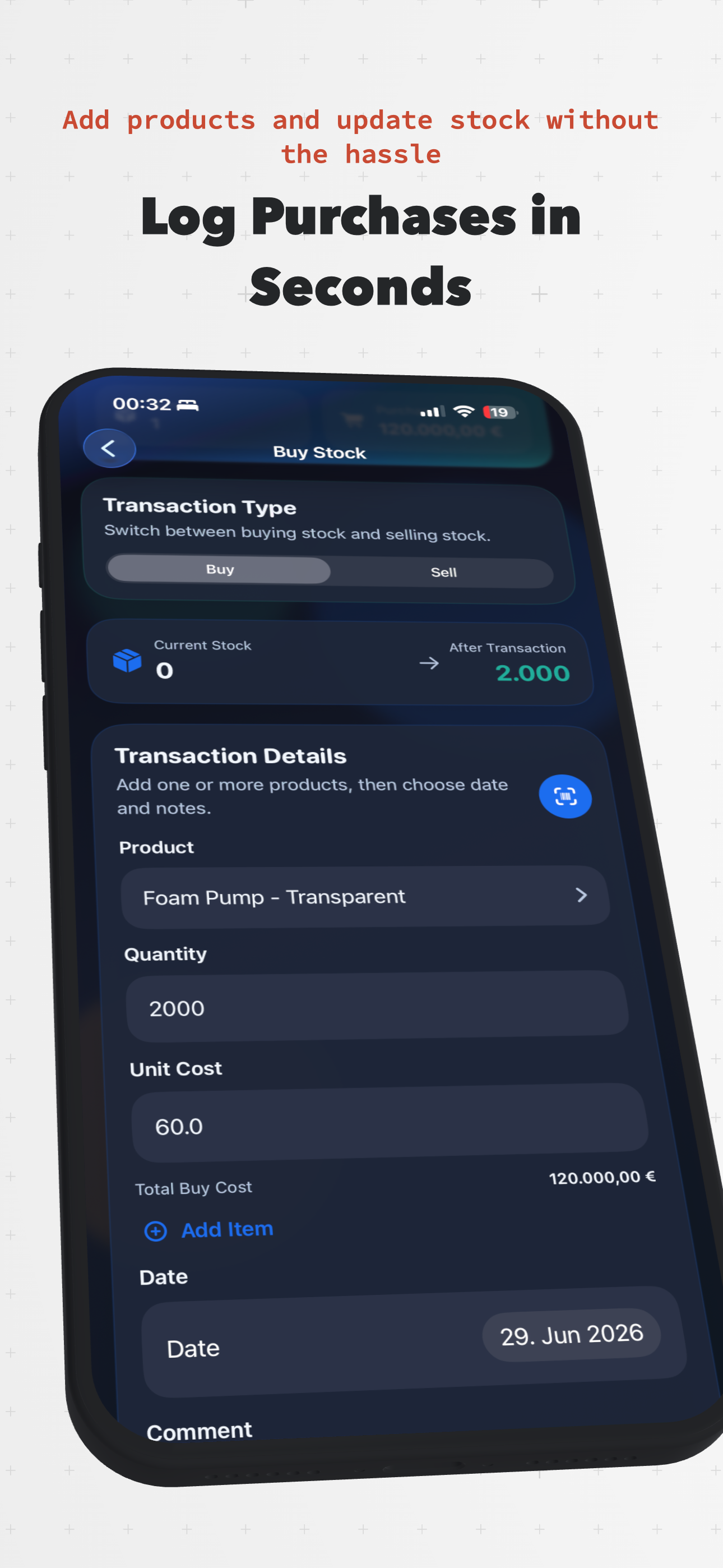 Simpentory buy stock screen with barcode scan