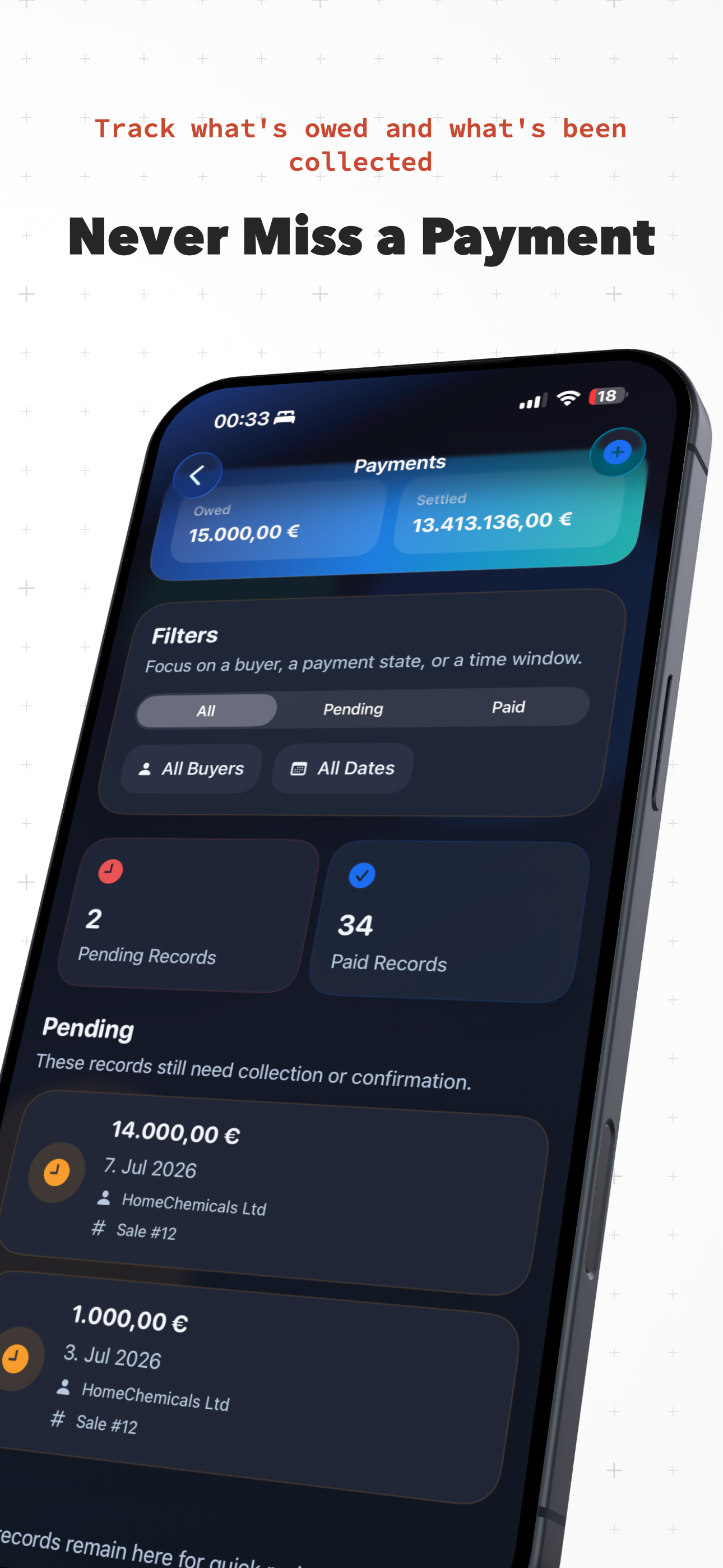 Simpentory payments screen with owed and settled totals